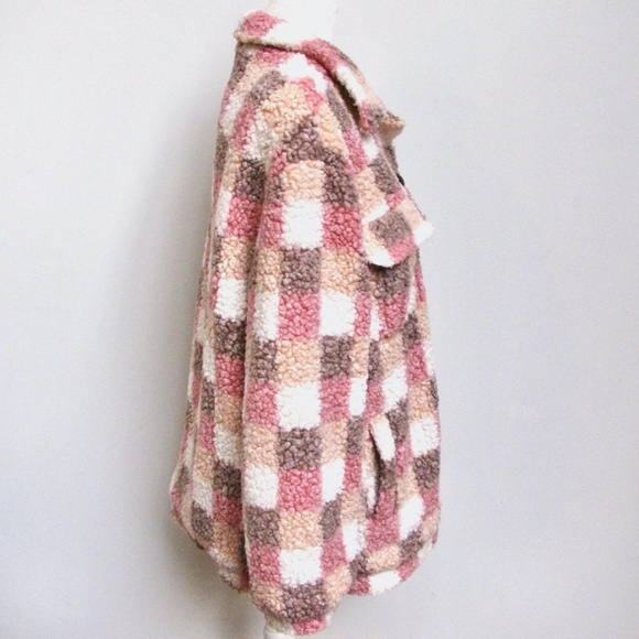 Pink Lily Sherpa Jacket Pink Multicolor Plaid Lined Womens Size XL - Picture 2 of 16